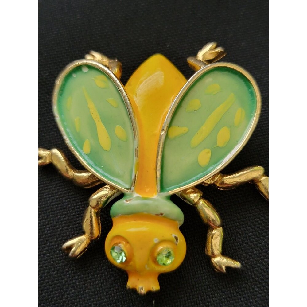 Vintage WEISS Enamel Fly Brooch w/ Green Rhinestones Insect Pin Jewelry SIGNED - Picture 5 of 8